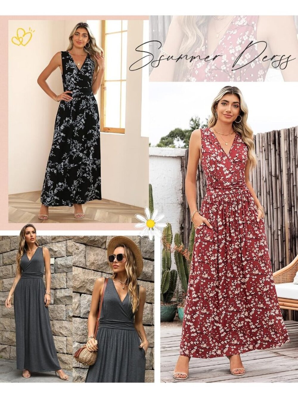 Women's Leaf Pink Flower Sleeveless Summer Casual Formal Long Pockets Maxi Dress - Picture 6 of 6